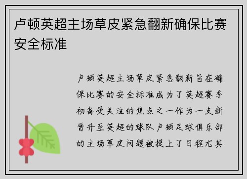 卢顿英超主场草皮紧急翻新确保比赛安全标准